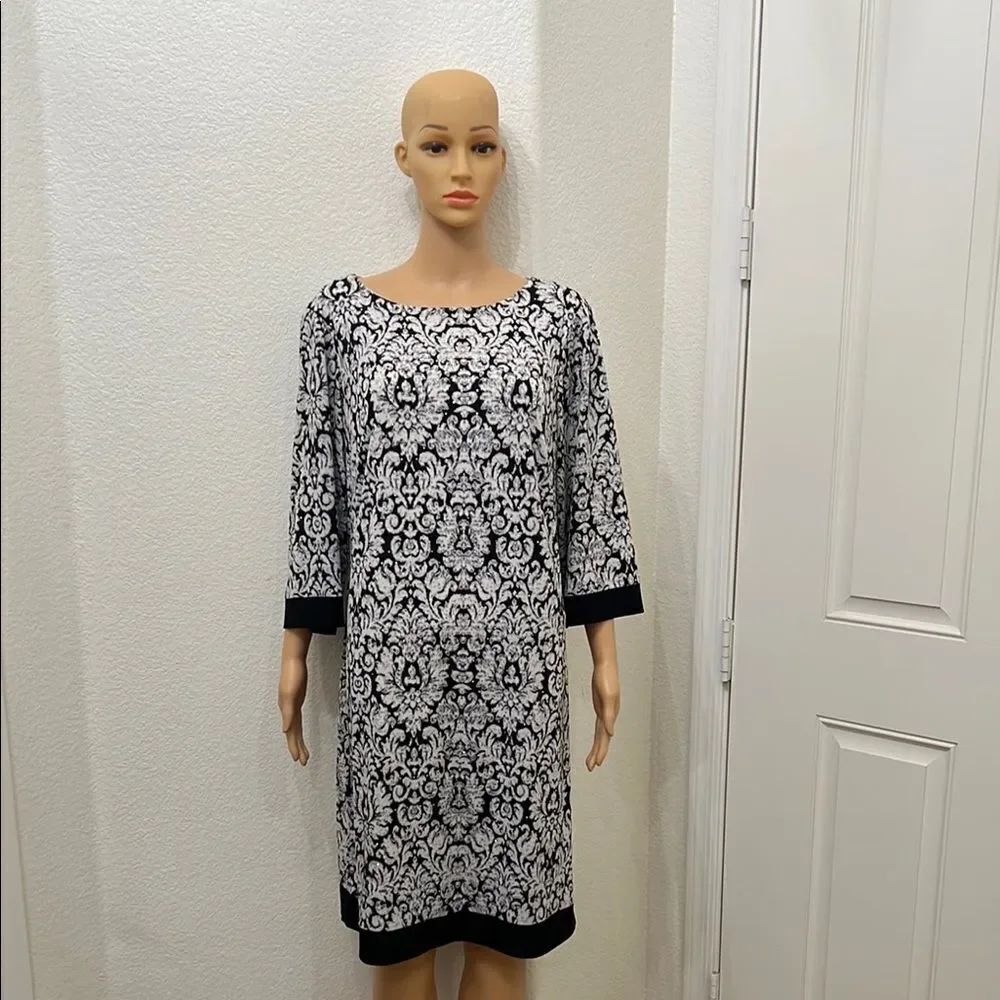 Jessica Howard Black White Silver Sparkles Dress Boat Neck 3/4 Sleeves Slip On